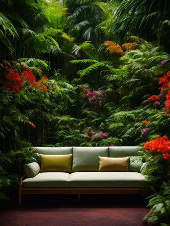 luxury sofa in the tropical forest Daylight Cinematic generative ai illustrationの素材