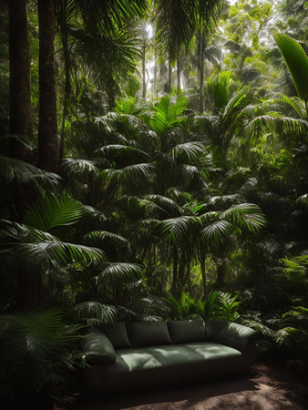 luxury sofa in the tropical forest Daylight Cinematic generative ai illustrationの素材