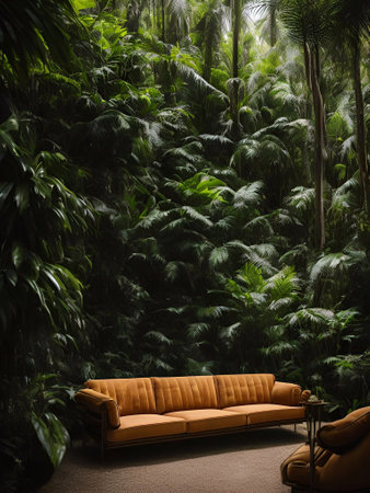 luxury sofa in the tropical forest Daylight Cinematic generative ai illustrationの素材