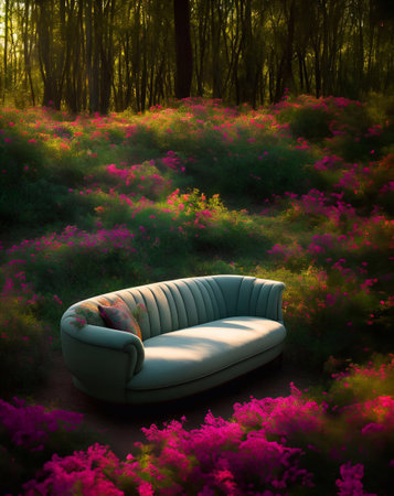 luxury sofa in the tropical forest Daylight Cinematic generative ai illustrationの素材