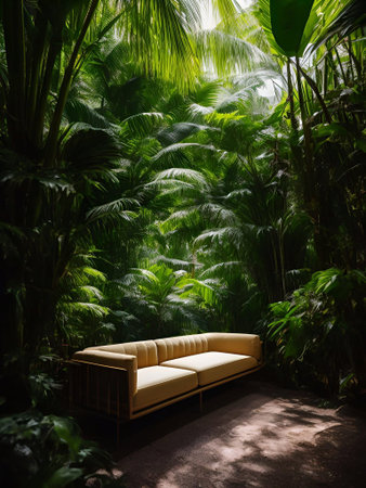 luxury sofa in the tropical forest Daylight Cinematic generative ai illustrationの素材