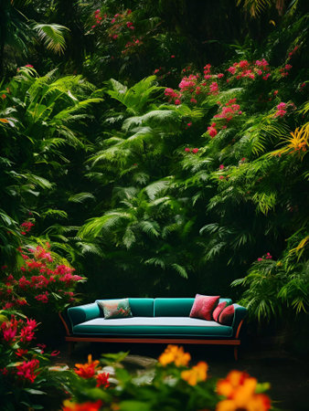 luxury sofa in the tropical forest Daylight Cinematic generative ai illustrationの素材