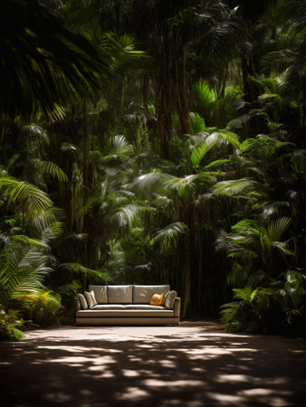 luxury sofa in the tropical forest Daylight Cinematic generative ai illustrationの素材