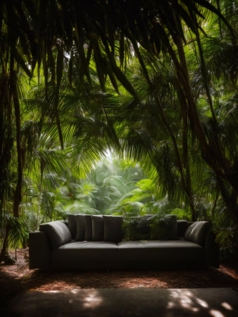 luxury sofa in the tropical forest Daylight Cinematic generative ai illustrationの素材