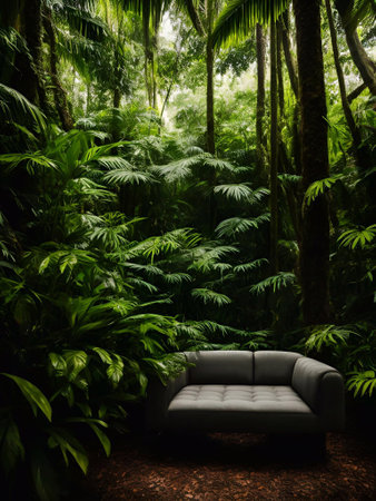 luxury sofa in the tropical forest Daylight Cinematic generative ai illustrationの素材