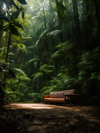 luxury sofa in the tropical forest Daylight Cinematic generative ai illustrationの素材