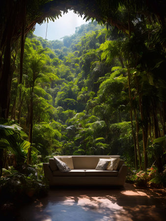 luxury sofa in the tropical forest Daylight Cinematic generative ai illustrationの素材