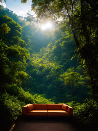 luxury sofa in the tropical forest Daylight Cinematic generative ai illustrationの素材