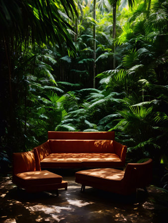 luxury sofa in the tropical forest Daylight Cinematic generative ai illustrationの素材
