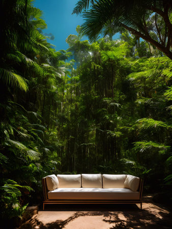 luxury sofa in the tropical forest Daylight Cinematic generative ai illustrationの素材