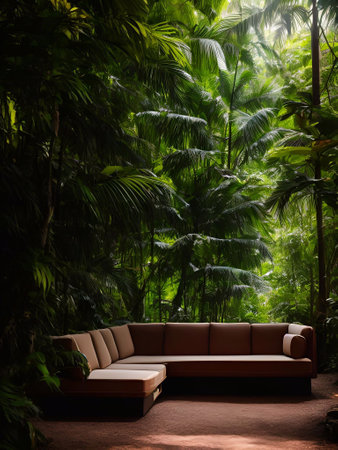 luxury sofa in the tropical forest Daylight Cinematic generative ai illustrationの素材
