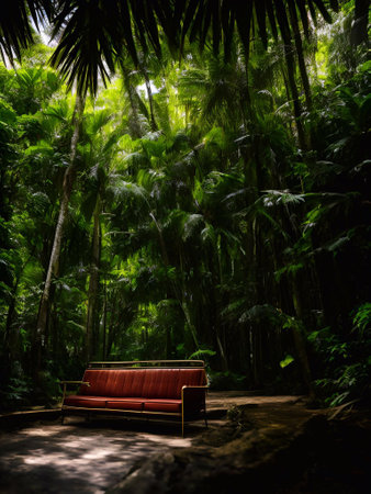 luxury sofa in the tropical forest Daylight Cinematic generative ai illustrationの素材