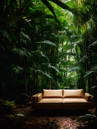luxury sofa in the tropical forest Daylight Cinematic generative ai illustrationの素材