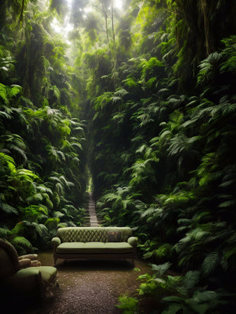 luxury sofa in the tropical forest Daylight Cinematic generative ai illustrationの素材