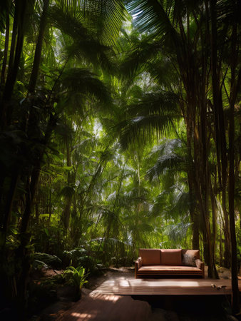 luxury sofa in the tropical forest Daylight Cinematic generative ai illustrationの素材
