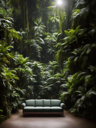 luxury sofa in the tropical forest Daylight Cinematic generative ai illustrationの素材