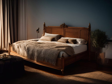 luxury bed in the rainforest Cinematic and the wide meadow  daylight generative aiの素材