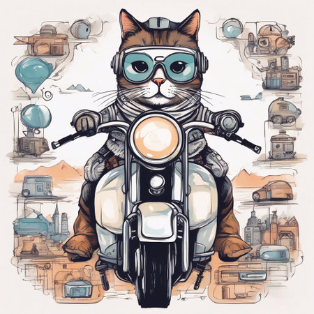 A cute fat cat helmet riding a motorcycle watercolor sketch Grunge style generative ai illustrationの素材