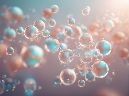 Cosmetics background, pastel Molecules, science background, lab background, herbal leaves, beauty products, bubbles background,Abstract Chemistry generative ai illustrationの素材