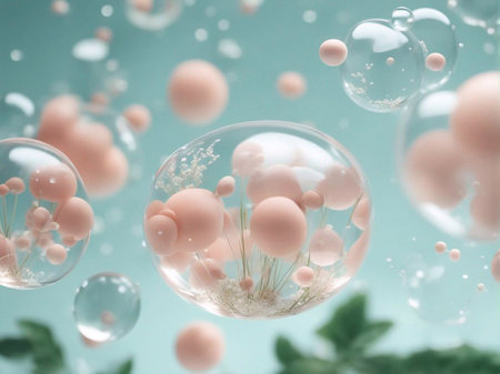 Cosmetics background, pastel Molecules, science background, lab background, herbal leaves, beauty products, bubbles background,Abstract Chemistry generative ai illustrationの素材