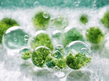 Cosmetics background, pastel Molecules, science background, lab background, herbal leaves, beauty products, bubbles background,Abstract Chemistry generative ai illustrationの素材