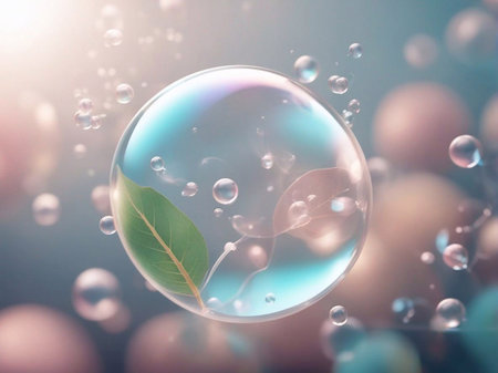 Cosmetics background, pastel Molecules, science background, lab background, herbal leaves, beauty products, bubbles background,Abstract Chemistry generative ai illustrationの素材