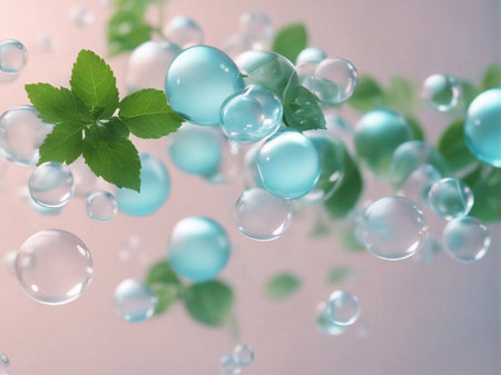 Cosmetics background, pastel Molecules, science background, lab background, herbal leaves, beauty products, bubbles background,Abstract Chemistry generative ai illustrationの素材