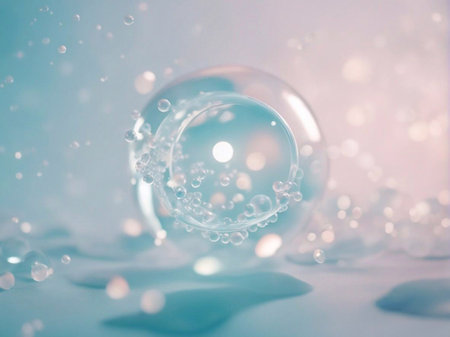 Cosmetics background, pastel Molecules, science background, lab background, herbal leaves, beauty products, bubbles background,Abstract Chemistry generative ai illustrationの素材