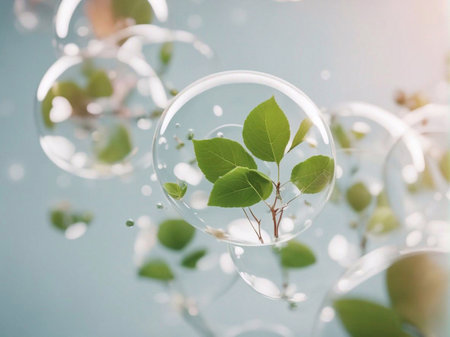 Cosmetics background, pastel Molecules, science background, lab background, herbal leaves, beauty products, bubbles background,Abstract Chemistry generative ai illustrationの素材