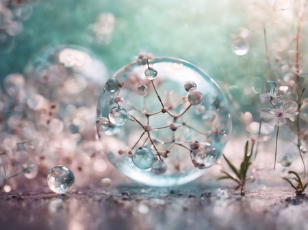 Cosmetics background, pastel Molecules, science background, lab background, herbal leaves, beauty products, bubbles background,Abstract Chemistry generative ai illustrationの素材