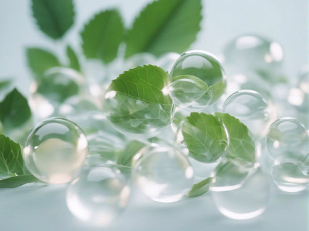 Cosmetics background, pastel Molecules, science background, lab background, herbal leaves, beauty products, bubbles background,Abstract Chemistry generative ai illustrationの素材