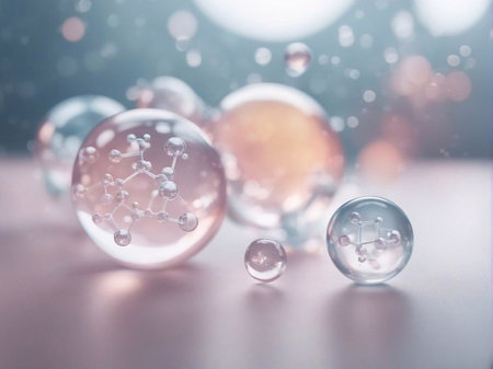 Cosmetics background, pastel Molecules, science background, lab background, herbal leaves, beauty products, bubbles background,Abstract Chemistry generative ai illustrationの素材