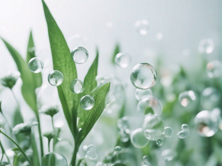 Cosmetics background, pastel Molecules, science background, lab background, herbal leaves, beauty products, bubbles background,Abstract Chemistry generative ai illustrationの素材