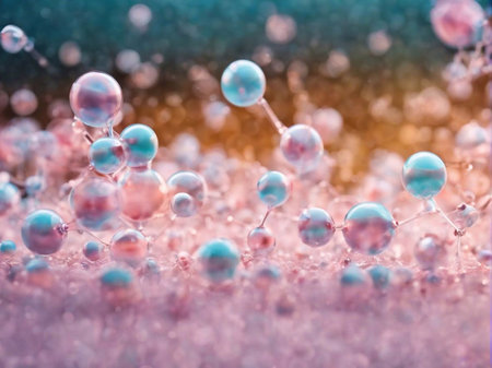 Cosmetics background, pastel Molecules, science background, lab background, herbal leaves, beauty products, bubbles background,Abstract Chemistry generative ai illustrationの素材