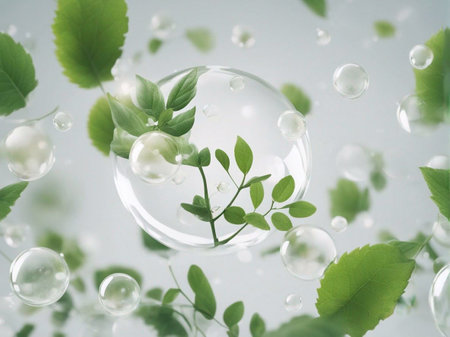 Cosmetics background, pastel Molecules, science background, lab background, herbal leaves, beauty products, bubbles background,Abstract Chemistry generative ai illustrationの素材