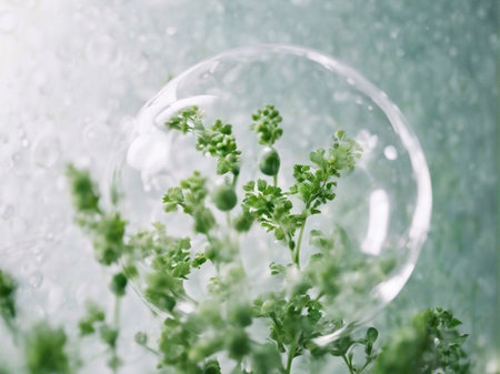 Cosmetics background, pastel Molecules, science background, lab background, herbal leaves, beauty products, bubbles background,Abstract Chemistry generative ai illustrationの素材