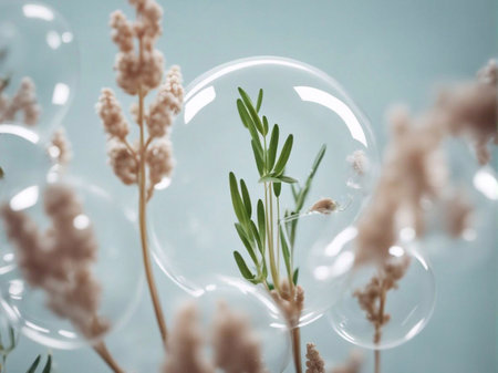 Cosmetics background, pastel Molecules, science background, lab background, herbal leaves, beauty products, bubbles background,Abstract Chemistry generative ai illustrationの素材