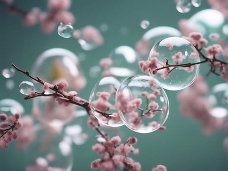 Cosmetics background, pastel Molecules, science background, lab background, herbal leaves, beauty products, bubbles background,Abstract Chemistry generative ai illustrationの素材