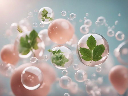 Cosmetics background, pastel Molecules, science background, lab background, herbal leaves, beauty products, bubbles background,Abstract Chemistry generative ai illustrationの素材
