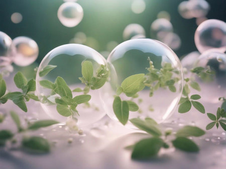 Cosmetics background, pastel Molecules, science background, lab background, herbal leaves, beauty products, bubbles background,Abstract Chemistry generative ai illustrationの素材