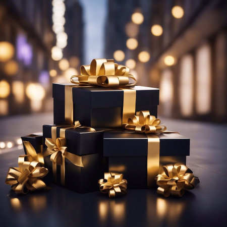 gift boxes in the city Black Friday  Cinematic daylight generative ai illustrationの素材