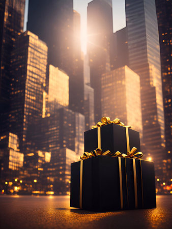 gift boxes in the city Black Friday  Cinematic daylight generative ai illustrationの素材