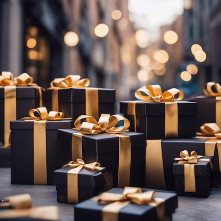 gift boxes in the city Black Friday  Cinematic daylight generative ai illustrationの素材