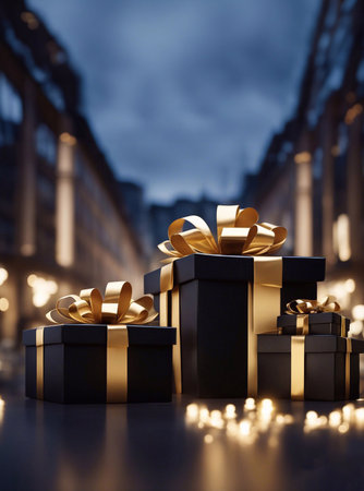 gift boxes in the city Black Friday  Cinematic daylight generative ai illustrationの素材