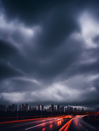 Futuristic Big City backbround In Heavy Rain Cinematic Atmosphere generative ai Illustrationの素材