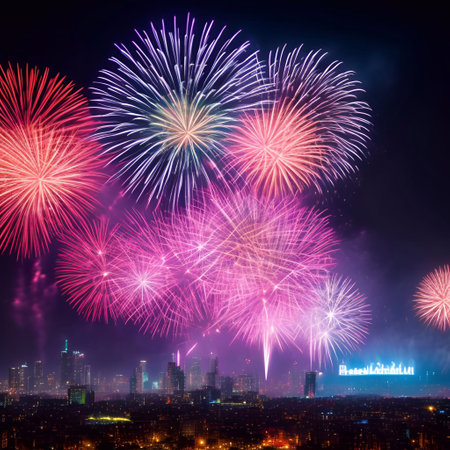 the Fireworks over the big city new year celebrating generative ai illustrationの素材