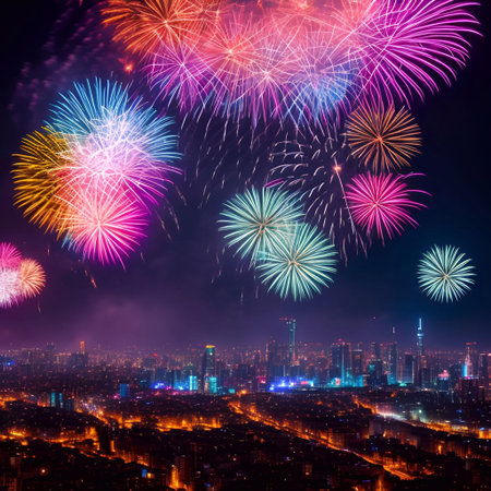 the Fireworks over the big city new year celebrating generative ai illustrationの素材