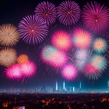the Fireworks over the big city new year celebrating generative ai illustrationの素材