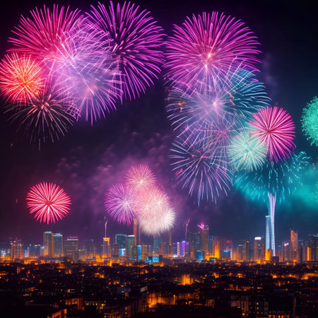 the Fireworks over the big city new year celebrating generative ai illustrationの素材
