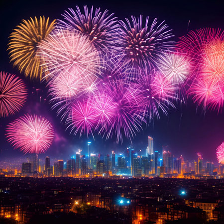the Fireworks over the big city new year celebrating generative ai illustrationの素材